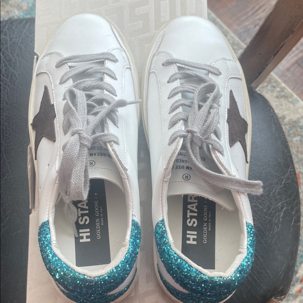 Golden Goose White Sneakers with Teal Glitter Heel